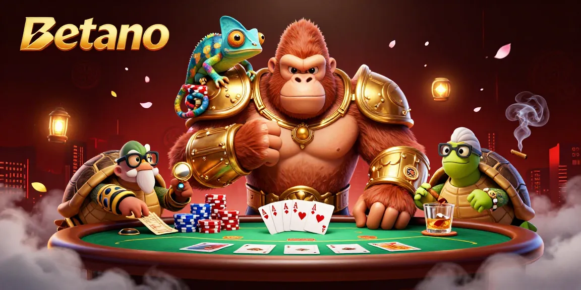 Engage with Betano's thrilling casino experience, featuring a vibrant scene of a gorilla king, chameleon spy, and wise tortoise elder.