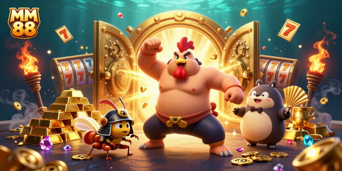 Join the MM 88 action with a dynamic 3D scene showcasing exciting casino elements and characters, celebrating gaming adventures.