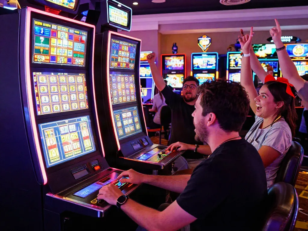 A thrilling gambling experience at the akunjp online casino, showcasing vibrant slot machine graphics and excited players.