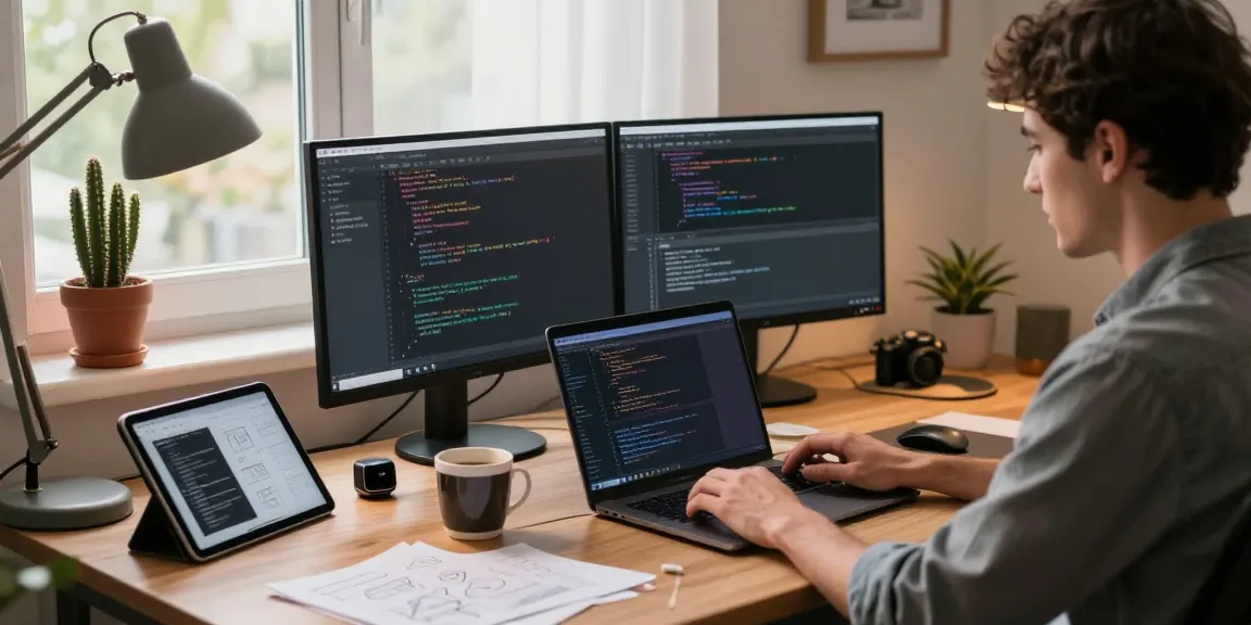 Programmer using crush ai technology in a cozy workspace, focusing on coding and design.