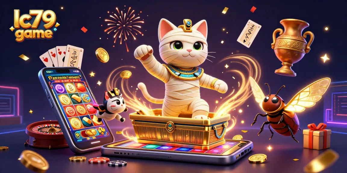 lc79 game - Hình ảnh năng động với mèo xác ướp và đồ chơi cá nổi bật, hào hứng chờ phần thưởng.