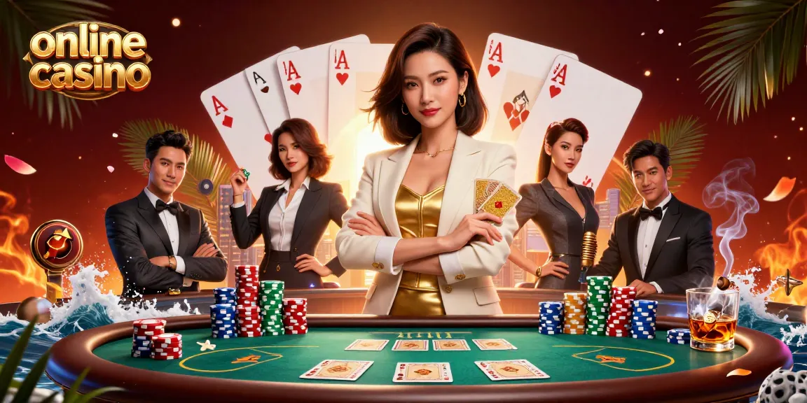 Experience excitement at an online casino with a glamorous woman holding cards and poker elements.