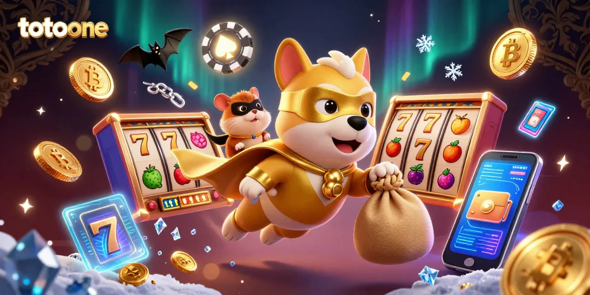 totoone menerbangkan superhero anjing dengan koin emas di tengah suasana kasino yang meriah dan slot mesin yang berkilau