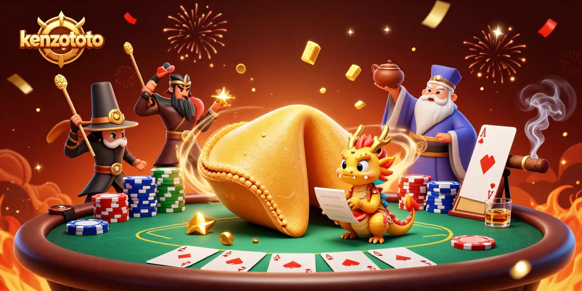 Kenzototo reveals rich rewards as a golden fortune cookie opens, revealing treasures in a vibrant casino scene.