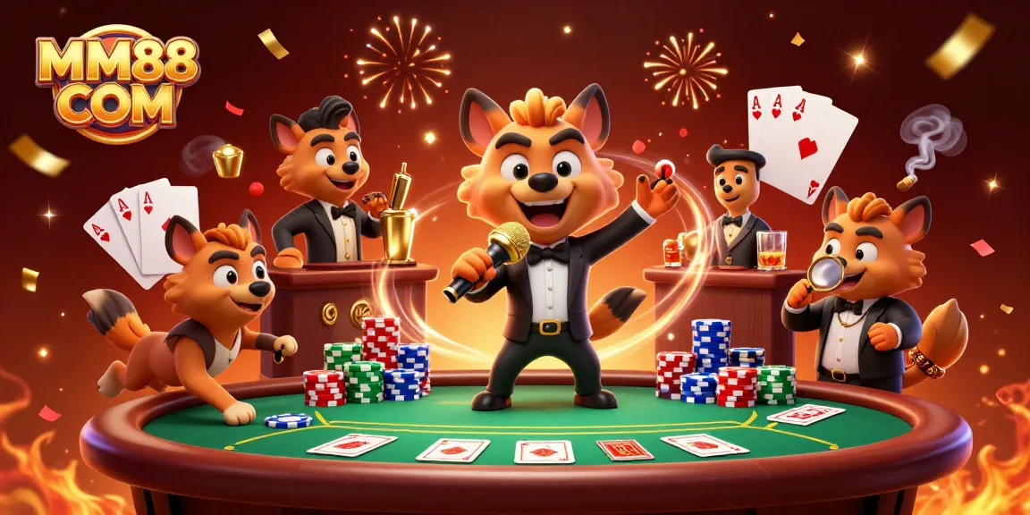 Experience MM88 COM's vibrant casino atmosphere with lively hyena characters entertaining and engaging.
