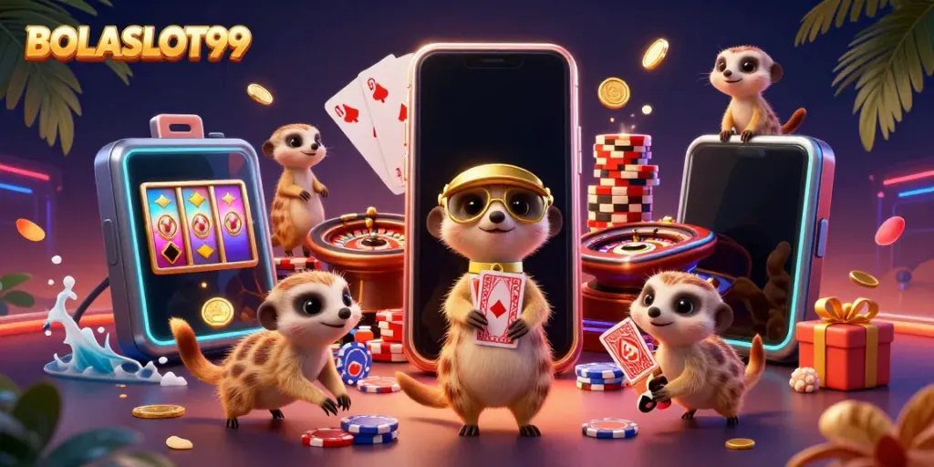 BOLASLOT99 casino meerkats joyfully showcasing colorful slot reels, vibrant chips, and gaming excitement.