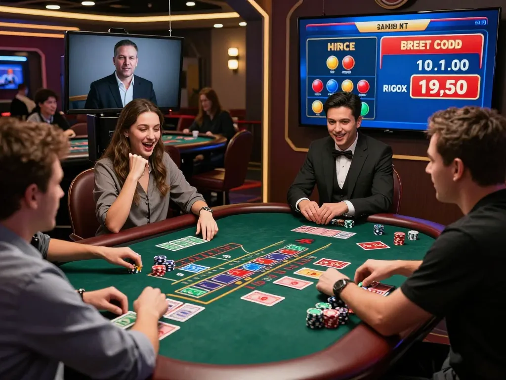 Free credit baccarat scene with players engaging in a live dealer game at a colorful virtual casino table.