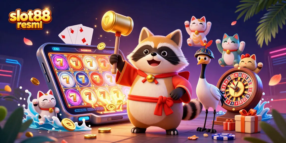 Play exciting slots at slot88 resmi with a cheerfully illustrated tanuki and casino elements.