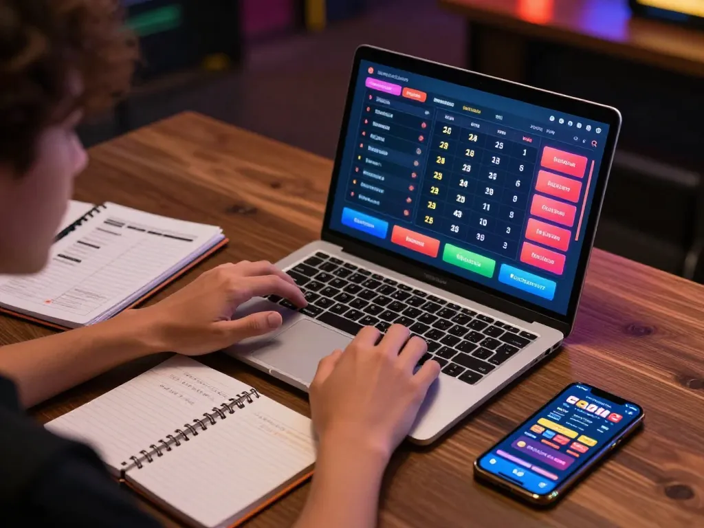 Pemain yang terlibat merencanakan strategi untuk permainan toto togel di laptop dengan antarmuka yang berwarna-warni dan catatan taruhan.
