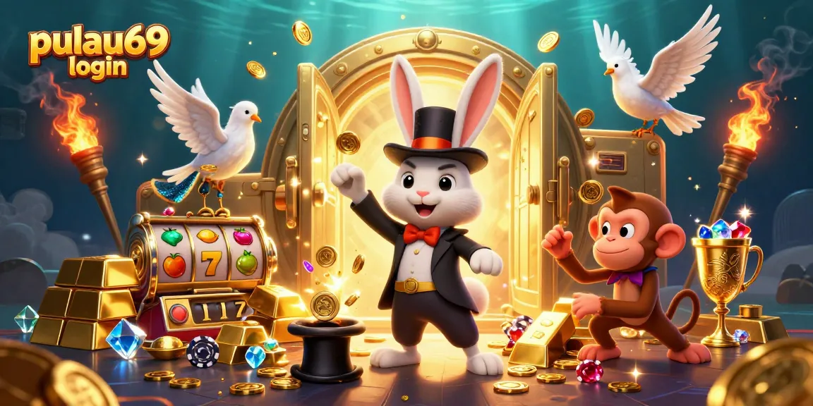 Engage with the pulau69 login scene featuring a magician rabbit, poker chips, and thrilling casino elements.