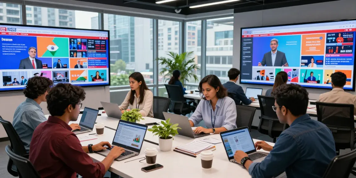 Dynamic newsroom at https://www.theindaily.com with diverse journalists sharing insights on India's current events.