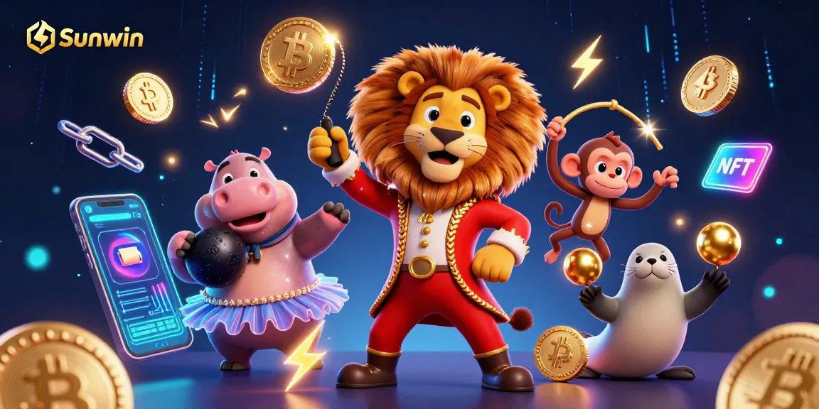 Engage in thrilling action with Sunwin's festive casino characters surrounded by vibrant crypto elements.