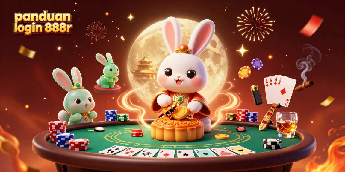 Panduan login 888r showcases an enchanting moon rabbit scene with poker elements, celebrating gaming excitement.