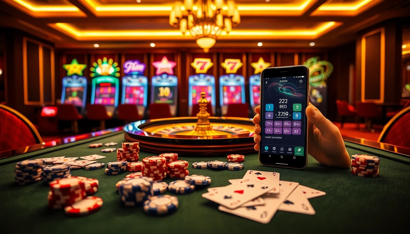 Engaging scene showcasing the 222BD app amidst vibrant casino elements like roulette and slot machines.