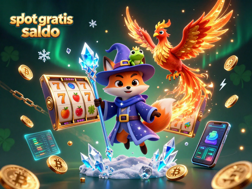 Experience the thrill of slot gratis saldo in a vibrant 3D illustration featuring a wizard fox and phoenix amidst digital casino elements.