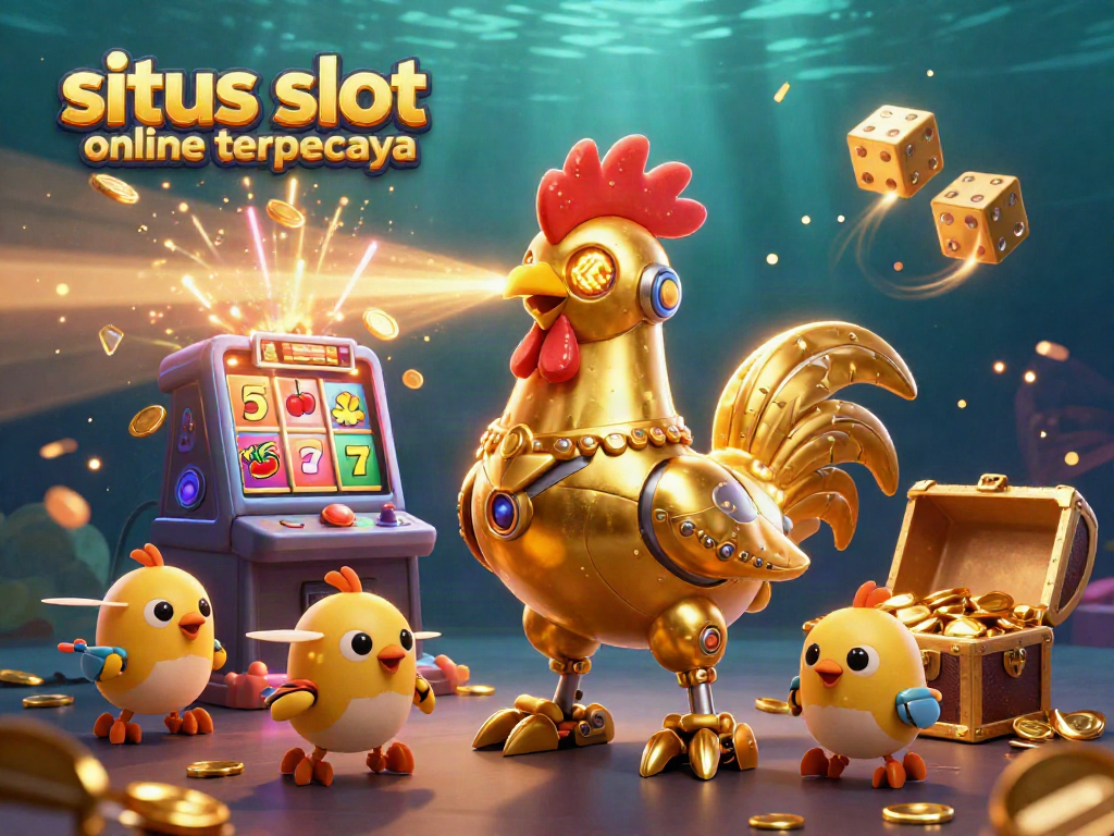 Menangkan jackpot di situs slot online terpercaya dengan ilustrasi robot ayam emas dan mesin slot berkilau.