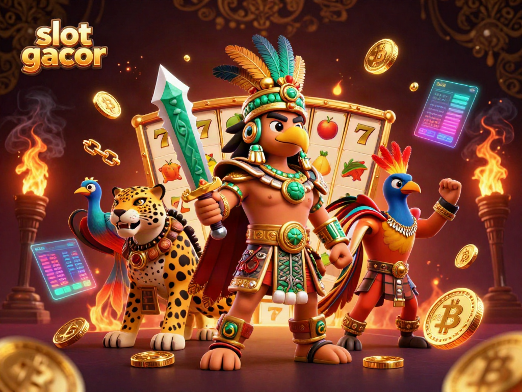 Engage in the excitement of slot gacor amidst vibrant Aztec warriors and glowing crypto coins.