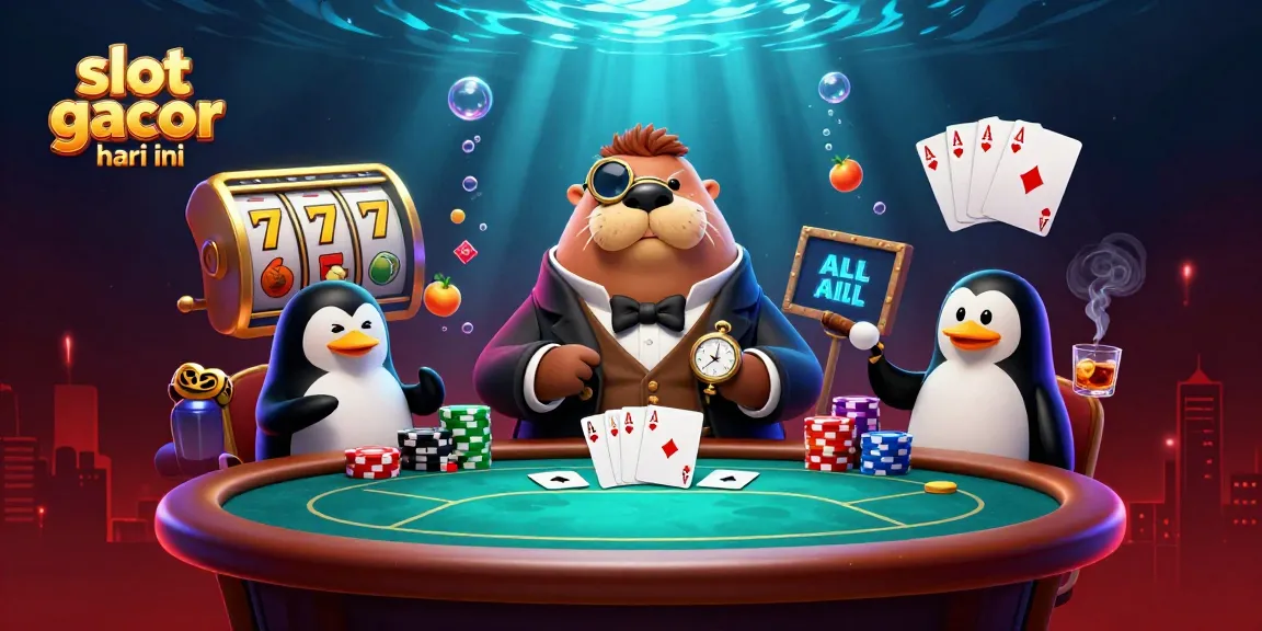Ilustrasi 3D slot gacor hari ini di kasino bawah laut dengan walrus, dealer penguin, dan ikan buntal.
