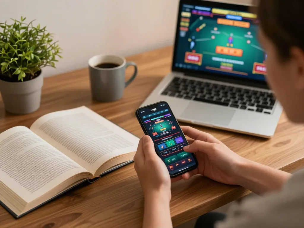 Player engaging with vt88 casino app on smartphone, showcasing online gaming strategy.