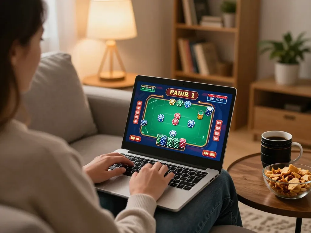 Enjoying online casinos in Canada from home with a laptop for poker gameplay.