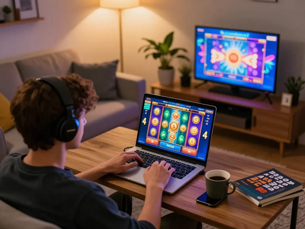 Player enjoying a situs slot gacor game on a laptop, showcasing exciting graphics and cozy home ambiance