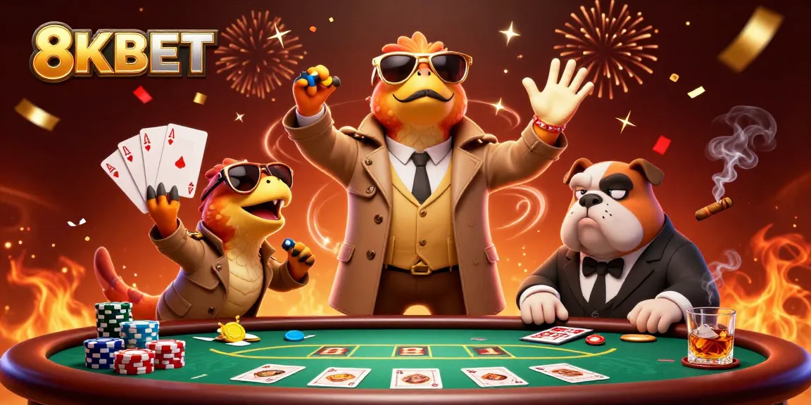 8KBET raptors in trench coat aiming for casino VIP access amidst vibrant poker scene.