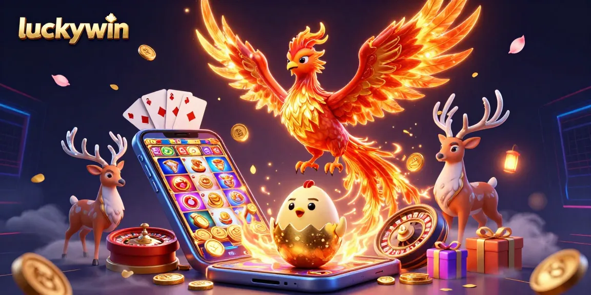 Win big with luckywin in this vibrant 3D casino scene, featuring a phoenix, golden egg, and dynamic gaming elements.