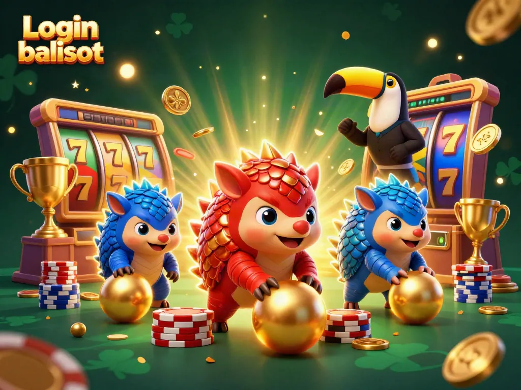 Login balislot showcases an epic battle of pangolins rolling golden balls through stacks of poker chips.