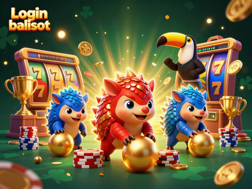 Login balislot showcases an epic battle of pangolins rolling golden balls through stacks of poker chips.