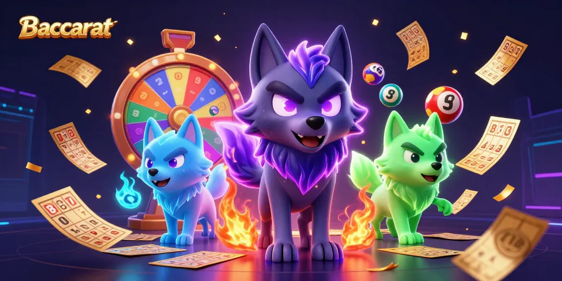 Baccarat illustration showcasing a charismatic pack leader wolf with glowing eyes, lottery elements, and vibrant colors.