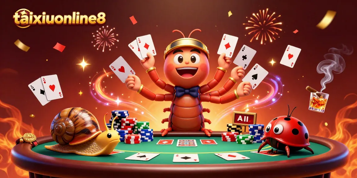 Experience the excitement of gambling with taixiuonline8 featuring a millipede dealer with cards and a high-roller snail.