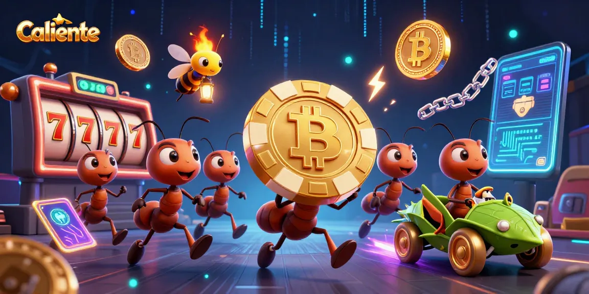 Caliente casino-themed scene showing ants carrying a poker chip with vibrant gaming elements.