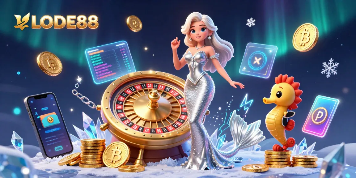Experience exciting gaming at LODE88 with a glamorous mermaid showcasing a roulette wheel and crypto coins.