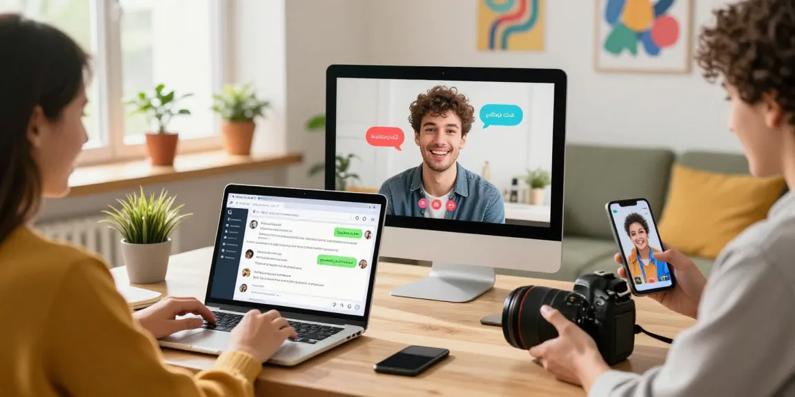 Engaging virtual chat scene showcasing شات دردشتي with users connecting through laptops, smartphones, and tablets in a modern home office.