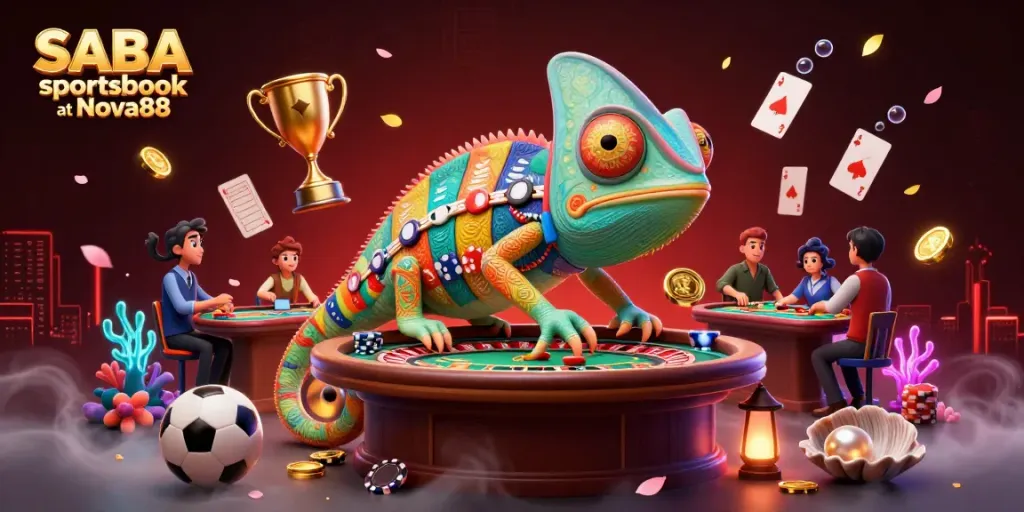 Engage with the SABA sportsbook at Nova88 in this vibrant 3D illustration depicting dynamic sports betting.
