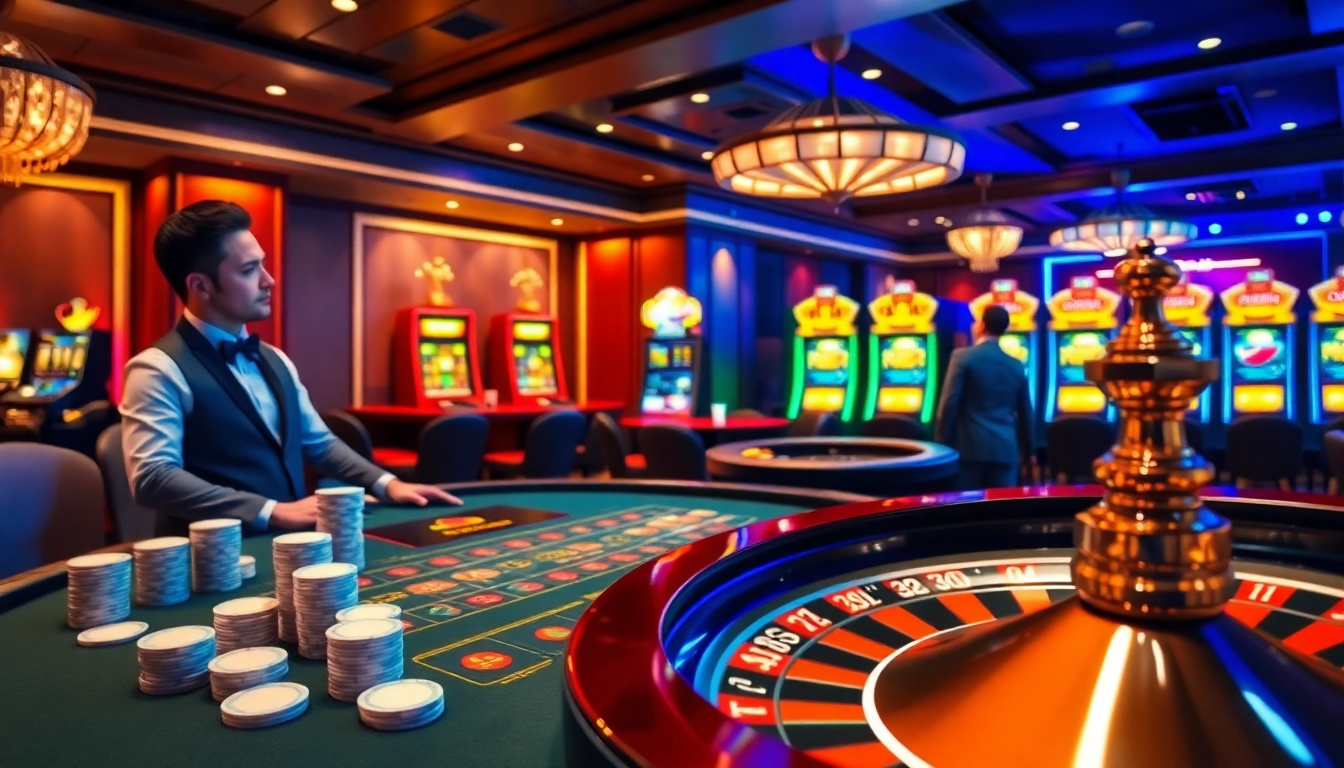 Experience excitement at 555win casino with vibrant slot machines and engaging gaming tables.