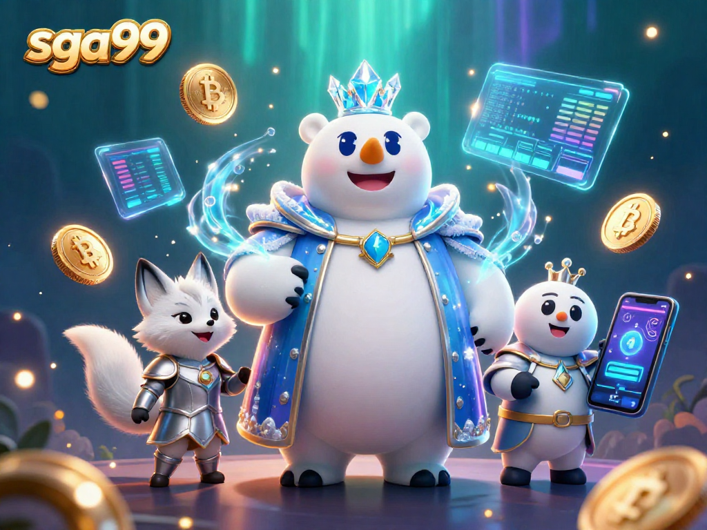 Spin and win with SGA99 in a vibrant 3D casino scene filled with crypto elements and dynamic characters.