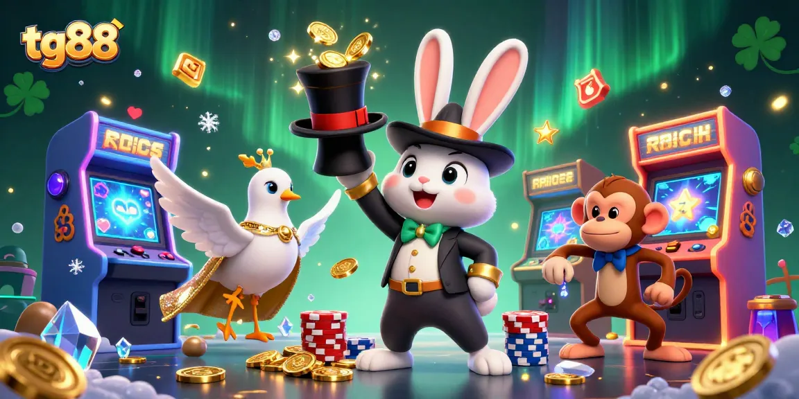 Join tg88 with a whimsical magician rabbit and playful characters in an exciting casino scene.