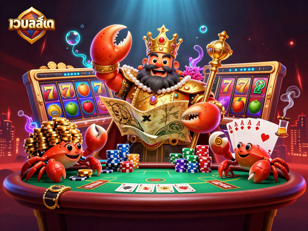 Experience thrilling เว็บสล็อต action with a golden crab emperor amidst vibrant casino elements.