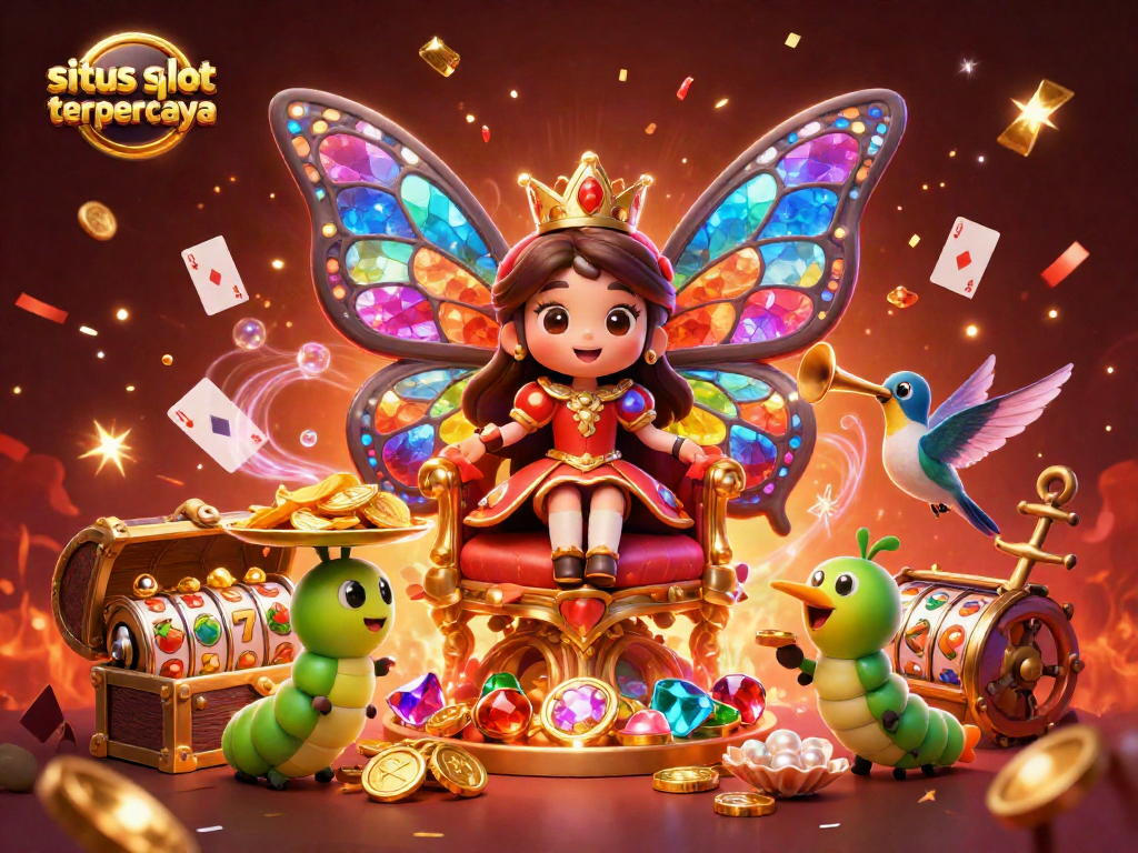 Situs slot terpercaya yang menghadirkan ilustrasi kasino dengan ratu kupu-kupu dan elemen slot yang memikat.