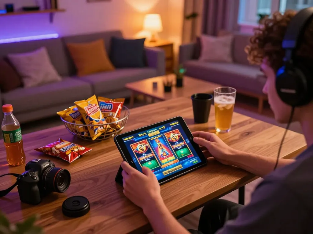 Engaged player enjoying situs slot gameplay on a tablet in a cozy setup.