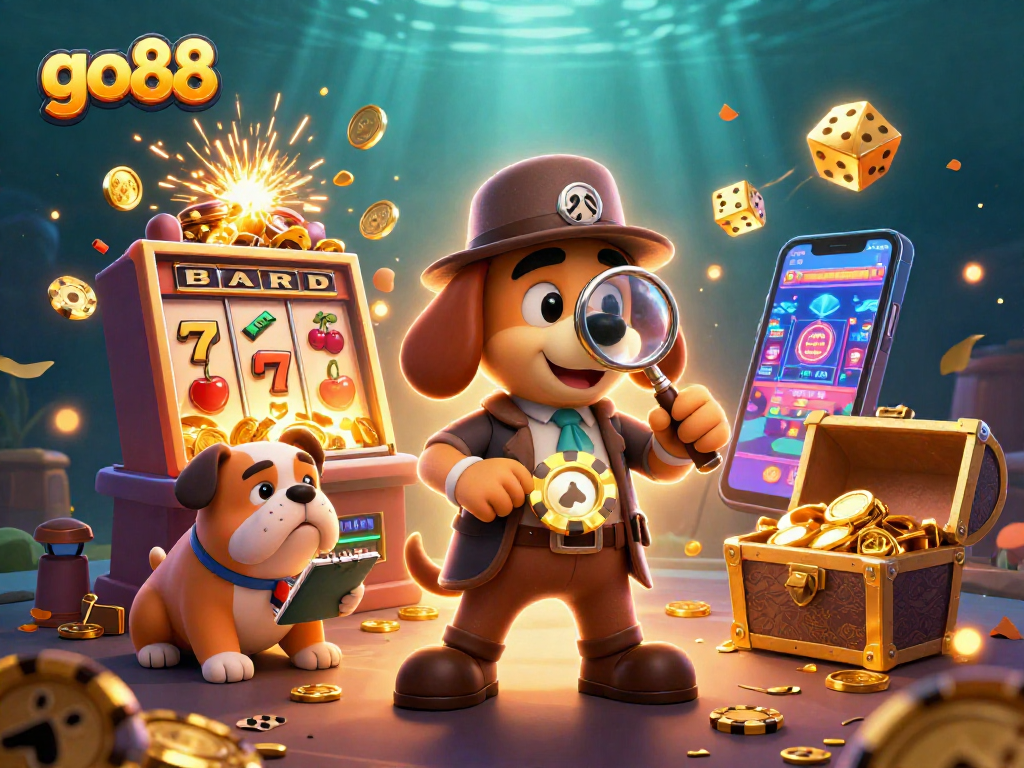 Experience go88's thrilling adventure through a vibrant casino world with cartoon detectives and jackpot rewards.