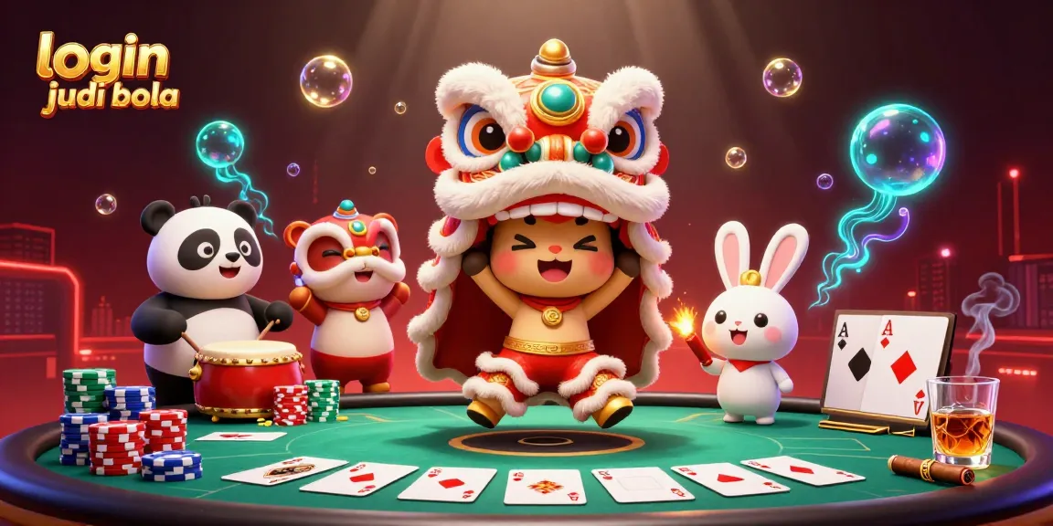 Bet on login judi bola with vibrant 3D characters at a poker table amidst festive decorations.