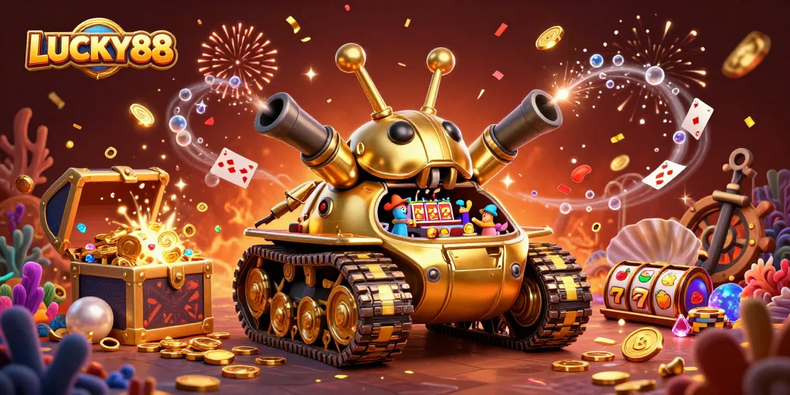 LUCKY88 gaming excitement with a vibrant 3D casino scene showcasing golden elements and dynamic characters.