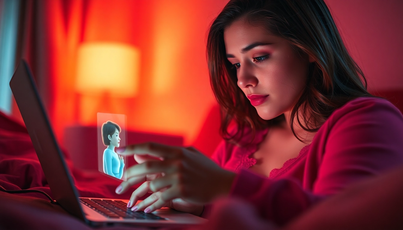 Sexting AI interaction showing a user engaged with a playful AI character on a sleek device in a romantic setting.