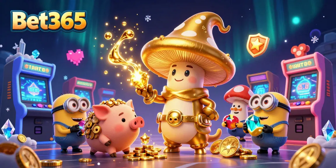 Bet365 players winning with golden mushroom wizard and vibrant casino games in a magical scene