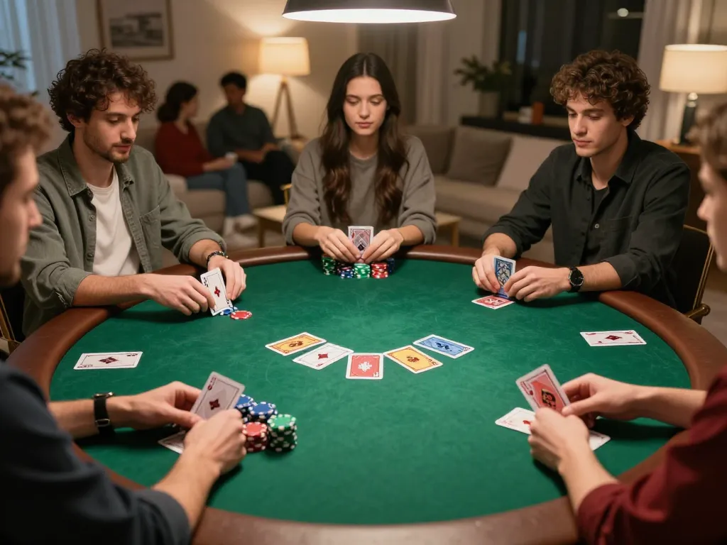 Fun88 players strategizing in a friendly poker game at home with vibrant chips.