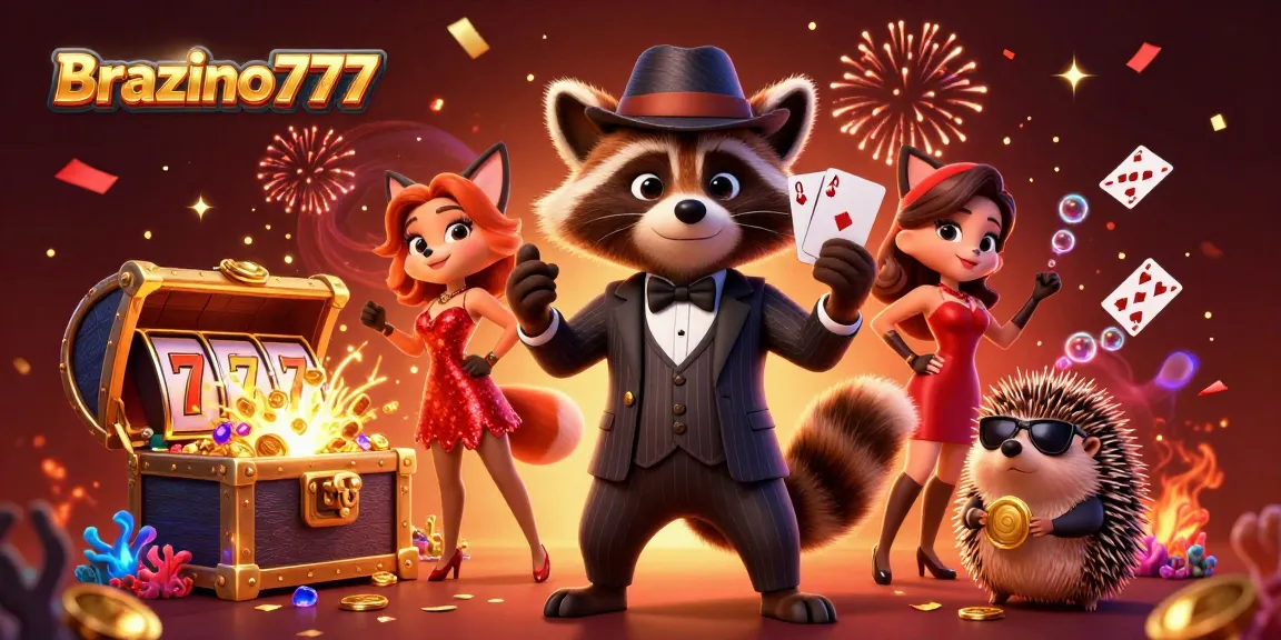 Brazino777 showcases a glamorous casino scene with characters celebrating a royal flush hand amidst vibrant gaming elements.