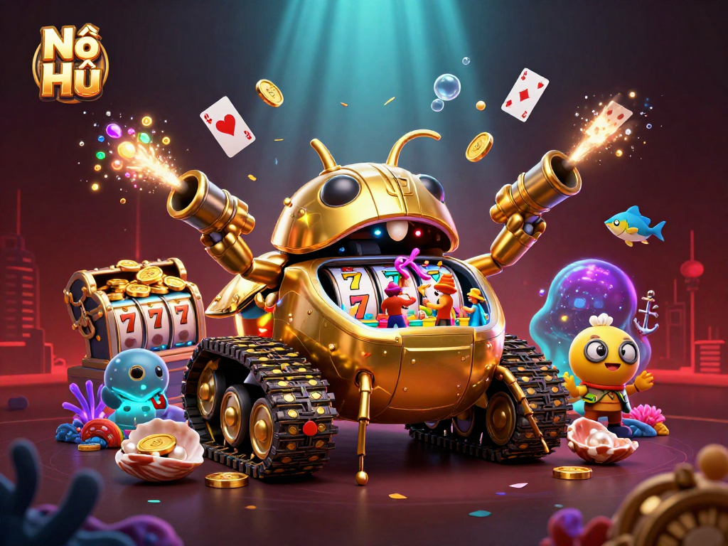 Nổ Hũ showcases a vibrant 3D casino scene with dynamic slot reels bursting with excitement.
