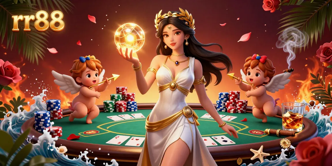 Immerse yourself in the thrilling rr88 gaming experience with a goddess and cherubs amidst poker elements.